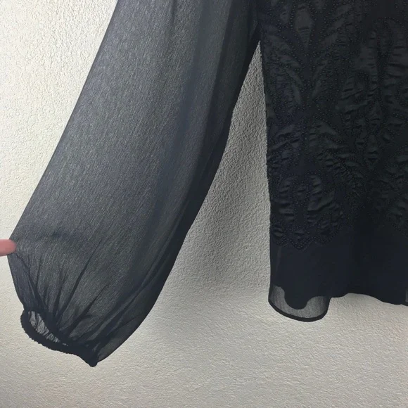 Yoana Baraschi l S Black Long Sheer Silk Chiffon Sleeves Quilted Beaded Blouse